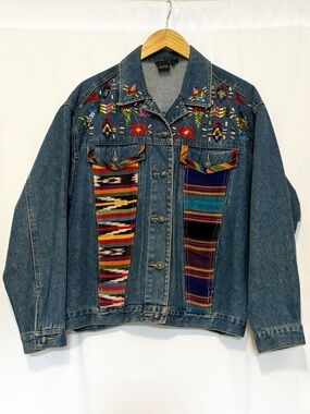 Carole Little Sport Embroidered Aztec Patchwork Denim Jacket Oversized size 6